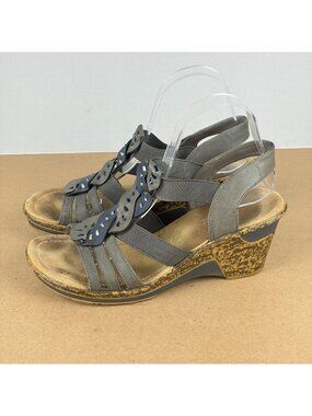 Rieker Wedge Slingback Leather Sandals Womens 8.5 EU 40 Gray Blue Tan Open Toe